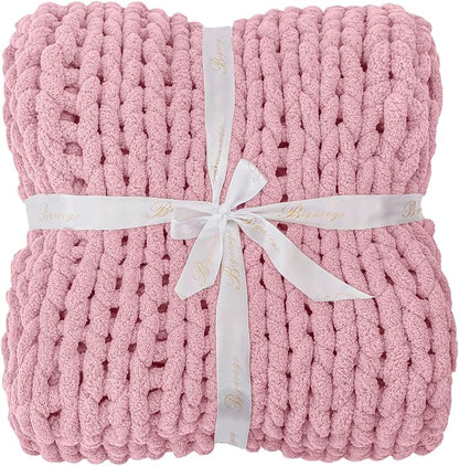 Bigacogo Chunky Knit Throw Blanket for Couch, 40x40 inches, 100% Hand Knitted with Thick Jumbo Chenille Yarn, Cozy Soft Large Rope Knot Cable Crochet Blankets for Sofa Bed Living Room, Blush Pink