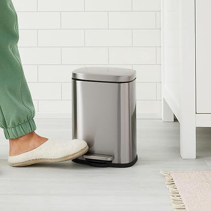 Amazon Basics Smudge Resistant Rectangular Trash Can with Soft-Close Lid, Foot Pedal, Removable Inner Bucket, 5L/1.32 Gal, Brushed Stainless Steel, for Bathroom & Small Space, Satin Nickel Finish
