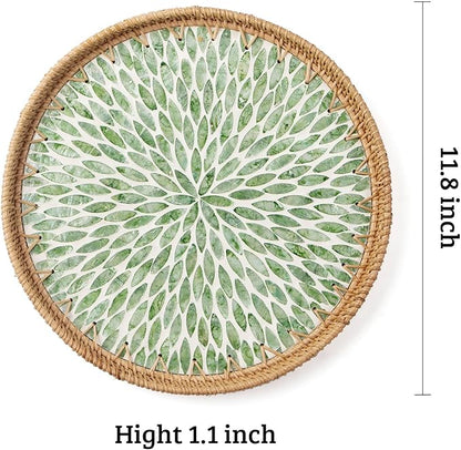 Round Rattan Tray with Mother of Pearl Inlay, Decorative Wicker Serving Tray with Wooden Base, Woven Basket Trays for Bread Fruits Coffee, Leaf