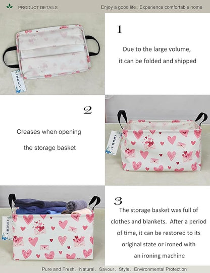 Rectangular Folding Laundry Basket,waterproof Canvas Basket,Gift Basket,Suitable for Children's Room,Office,Clothes,Toys Storage(Pink Love)