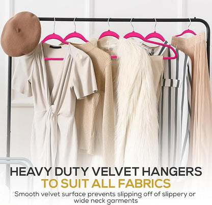 Premium Velvet Hangers 50 Pack Ultra Thin Non Slip Adult Felt Space Saving Suit Hanger for Closet Heavy Duty Coat Pants Jackets Dress Hangers 360° Swivel Hook Hold Upto 10 lbs Dark Pink