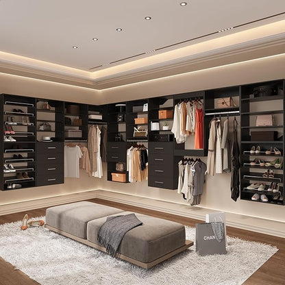 Modular Closet System, 84" Wide Closet Organizer System with Hanging Shelving , Wood Tower Closet Storage for Walk In Closets, Wall Mounted Wardrobe Organizer Kit System, Bedroom, Black