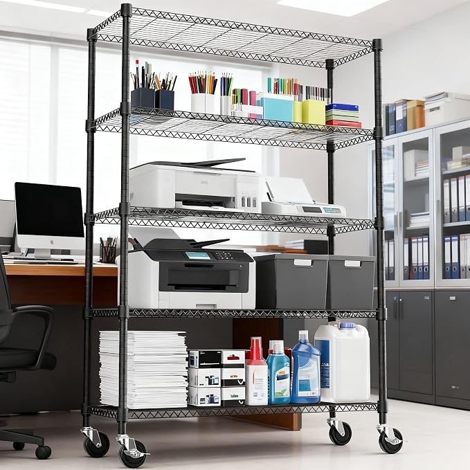 M MZG 1750LBS 47.2" W 5 Tiers Storage Shelves Metal Shelving Unit with Wheels Heavy Duty Garage Shelving Adjustable Wire Shelves for Pantry,Kitchen,Garage,Basement,Black 17.7" D x 47.2" W x 76.8" H