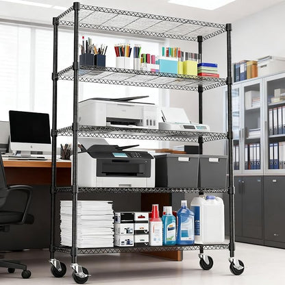 M MZG 1750LBS 47.2" W 5 Tiers Storage Shelves Metal Shelving Unit with Wheels Heavy Duty Garage Shelving Adjustable Wire Shelves for Pantry,Kitchen,Garage,Basement,Black 17.7" D x 47.2" W x 76.8" H