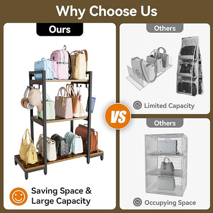 Aquzee Purse Shelf Storage, 3 Tier Stand Bag Organizer for Handbag Organizers, Backpack Storage with 4 Hooks for Holder, Large Purse Shelf for Closet, Home Living Room Bedroom Purse Storage Ideas