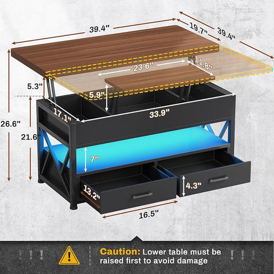 Itaar 40" Lift Top Coffee Table, 4 in 1 White Coffee Tables with Storage for Living Room, Small Coffee Table with 2 Drawers & LED Light for Dining Room, Black+Brown