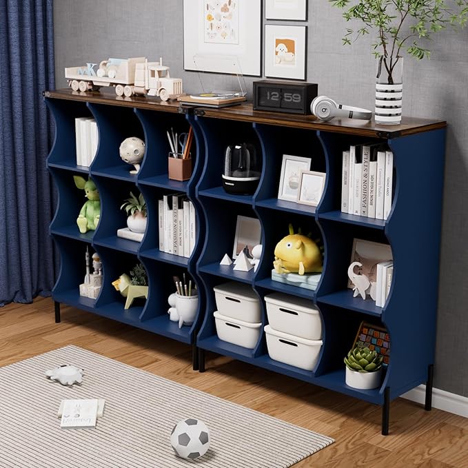 9 Cube Book Shelf, Low and Short Bookshelf, Long Cube Storage Organizer Wood TV Stand, Toy Organization DVD Cabinets for Living Room, Office, Bedroom, Dorm, Blue with Natural Top