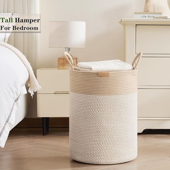 80L Extra Large Boho Laundry Hamper Basket, Tall Woven Hamper for Bedroom, Cotton Rope Laundry Basket for Clothes, 16x22 Inches, Brown