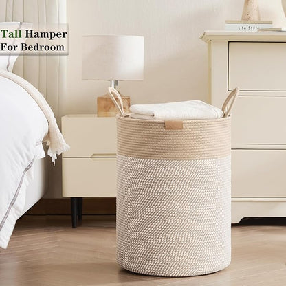 80L Extra Large Boho Laundry Hamper Basket, Tall Woven Hamper for Bedroom, Cotton Rope Laundry Basket for Clothes, 16x22 Inches, Brown