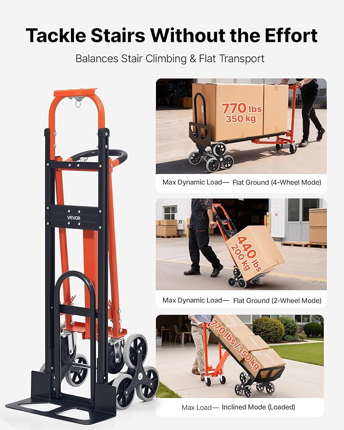 VEVOR 3 in 1 Industrial Convertible Stair Climbing Cart, 770 lbs Max Load, Folding Hand Truck Dolly with Handle & Wheels, Stair Climbing Utility Trolley for Transport & Moving, Orange & Silver