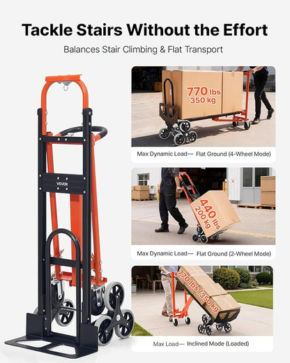 VEVOR 3 in 1 Industrial Convertible Stair Climbing Cart, 770 lbs Max Load, Folding Hand Truck Dolly with Handle & Wheels, Stair Climbing Utility Trolley for Transport & Moving, Orange & Silver