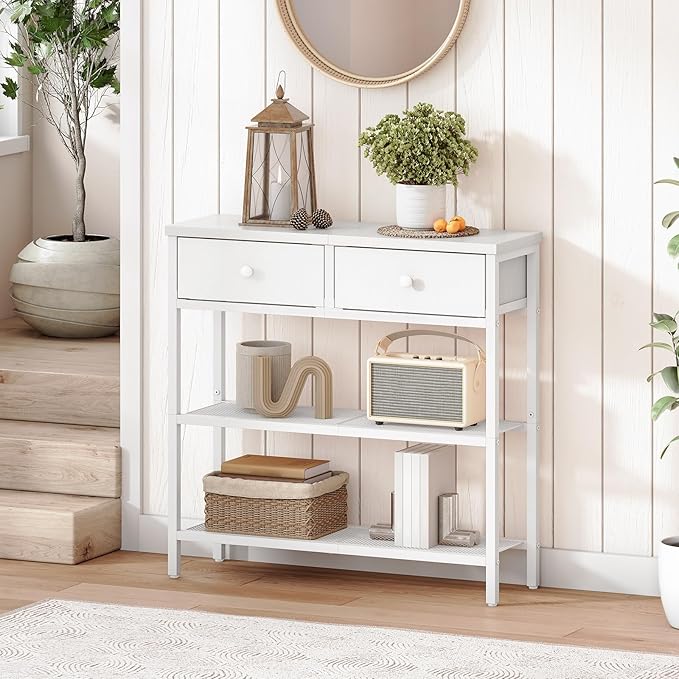 HOOBRO 29.5" Narrow Console Table with 2 Fabric Drawers, Sofa Table, Small Entryway Table with 3-Tier Storage Shelves, Behind Couch Table, for Living Room, Hallway, White WW72XG01G1