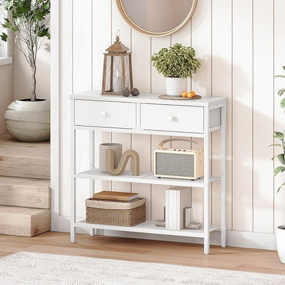 HOOBRO 29.5" Narrow Console Table with 2 Fabric Drawers, Sofa Table, Small Entryway Table with 3-Tier Storage Shelves, Behind Couch Table, for Living Room, Hallway, White WW72XG01G1