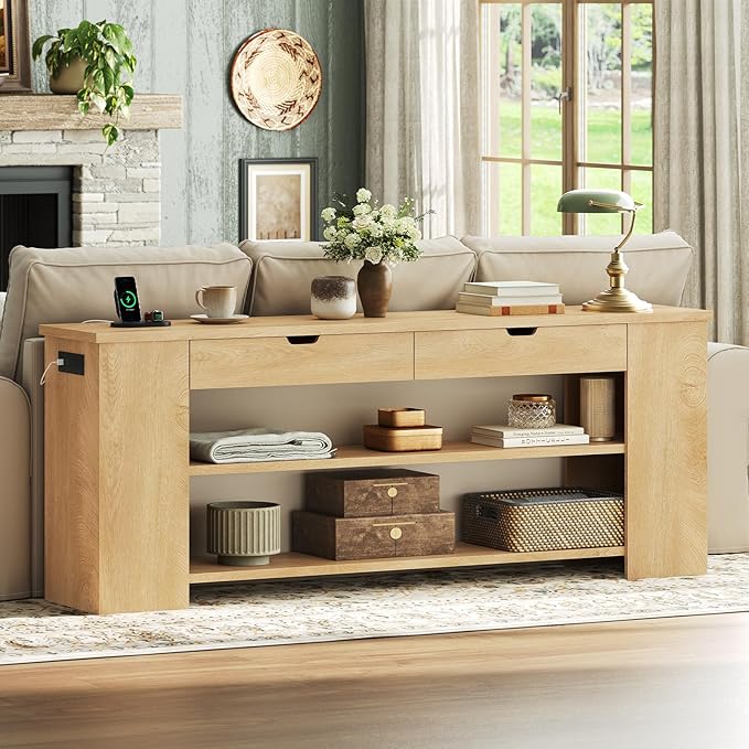 71.8" Extra Long Console Table, Farmhouse Entryway Table Behind Couch with Generous Storage and Built-in Outlet, Sturdy Sofa Table for Living Room, Entrance, Hallway, Foyer, Natural Wood