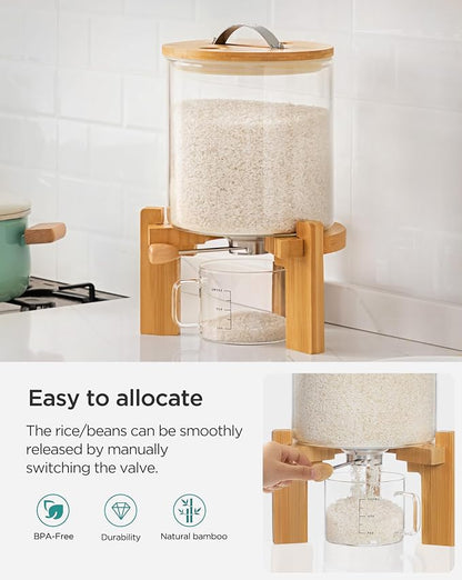 HBlife 8-10 Lbs Glass Rice Dispenser with Wooden Stand Flour and Cereal Container with Glass Measuring Cup Pantry Food Organization Storage Bin with Airtight Bamboo Lid, 5L (2 Pack)