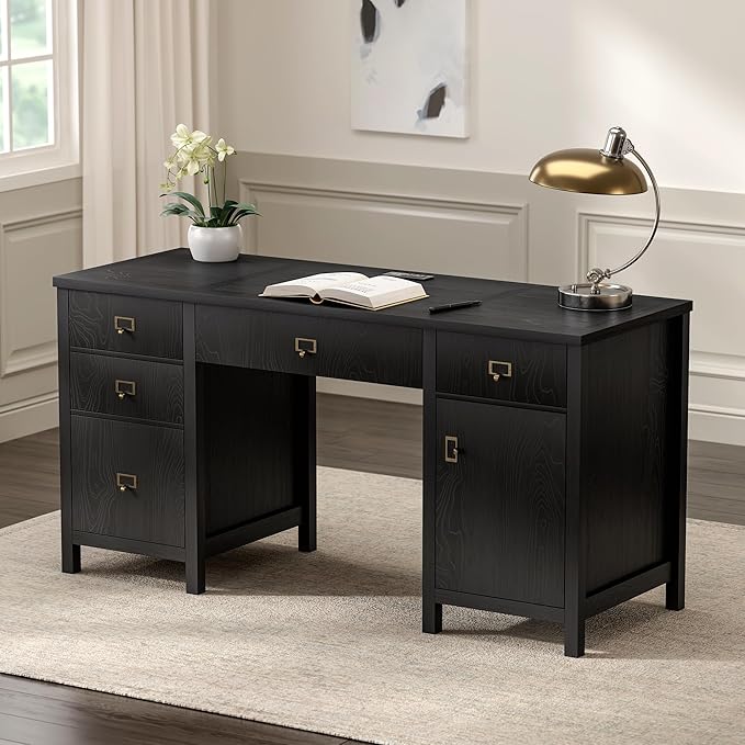 59" Executive Desk with File Drawer, Farmhouse Computer Desk with Charging Station and Storage Cabinet Wood Home Office Desk for Writing Study, Black