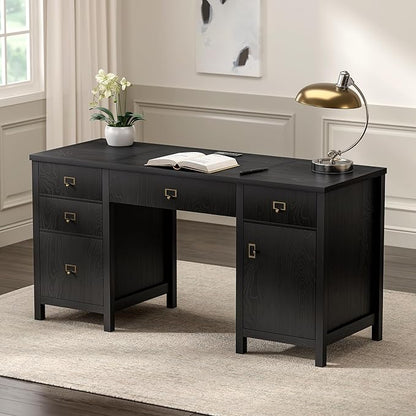 59" Executive Desk with File Drawer, Farmhouse Computer Desk with Charging Station and Storage Cabinet Wood Home Office Desk for Writing Study, Black