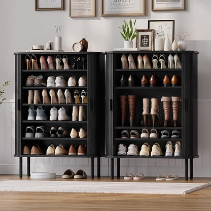 ONBRILL 6-Tier Shoe Cabinet with Sliding Door, Wooden Shoe Storage Cabinet with Adjustable Shelves, Mid-Century Modern Freestanding Shoe Storage Organizer for Entryway, Hallway, Living Room, Black