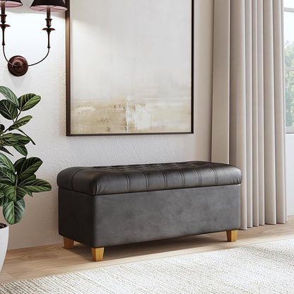 Homepop Home Decor | Button Tufted Storage Bench | Ottoman Bench with Storage for Living Room & Bedroom, Black Faux Leather