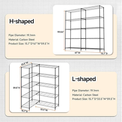 M MZG 5 Tiers Storage Shelves Load 1500LBS, Metal Shelving Wire Metal Shelving Unit Shelves for Storage Adjustable Garage Shelving for Pantry Kitchen Garage Black 15.8" D x 33.5" W x 70.5" H