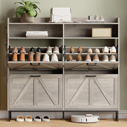 Shoe Cabinet with 4 Flip Drawers, Freestanding Hidden Shoe Storage Organizer for Entryway, Narrow Slim Shoe Rack Cabinet with Open Storage & Hooks for Front Door Entrance, Living Room, Hallway, Grey