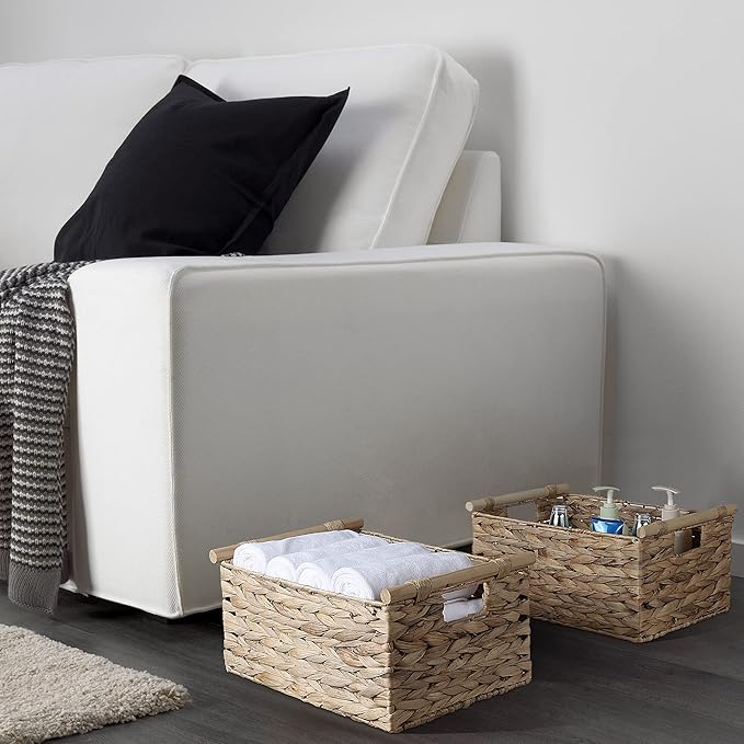 BSTNASI Large Rectangular Wicker Basket With Built-in Wooden Handles, Water Hyacinth Woven Basket for Organizing, Utility Shelves, Towel Storage Basket