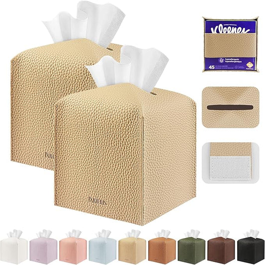 Tissue Box Cover Holder Square Tissue Cube Cover PU Leather Tissue Organizer with Bottom Belt for Bathroom, Tabletop, Car, Night Stands, Office, Home, Kitchen (2, SoftBeige)