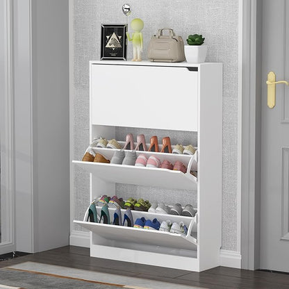 Shoe Cabinet with 3 Flip Drawers, 47" Slim Hidden Wood Shoe Storage Cabinet with Adjustable Shelf, Freestanding Narrow Shoe Rack Organizer for Entryway, Hallway, White