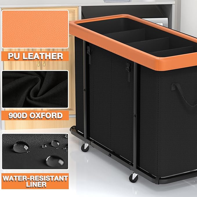 300L Large Fashion Laundry Basket with Wheels, Leather Patchwork Rolling Hamper Carts, Sturdy Metal Frame, Removable Washable Bag, Tall Clothes Sorter for Bedroom (Black, 4 Section-300L)