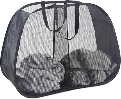 Seiritex Mesh Popup Laundry Hamper 2 Compartment, Collapsible Laundry Sorter Basket Foldable Hamper for Clothes, College Dorm, Travel (Black)