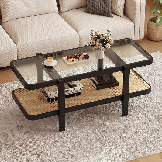 Giantex Rattan Coffee Table, 47.5" Rectangle Solid Wood Tea Table w/Tempered Glass Tabletop, Rattan Storage Shelf, 2-Tier Boho Coffee Tables, Farmhouse Center Table for Living Room (Black)