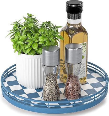 Premium Rubber Wood Lazy Susan Turntable, Blue White Checkerboard Decorative Serving Tray, Hand-Welded Metal Railing, Stable Rotating Organizer for Dining Table, Kitchen Counter, Coffee Table Decor