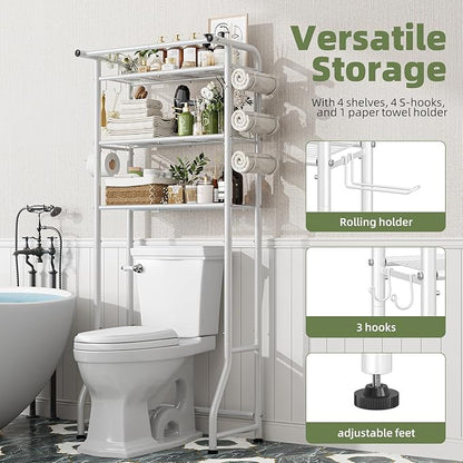 Simple Trending 3 Tier Over The Toilet Storage Rack, Metal Bathroom Shelf, Bathroom Stand Organizer Space Saver with Paper Holder and Hooks, White