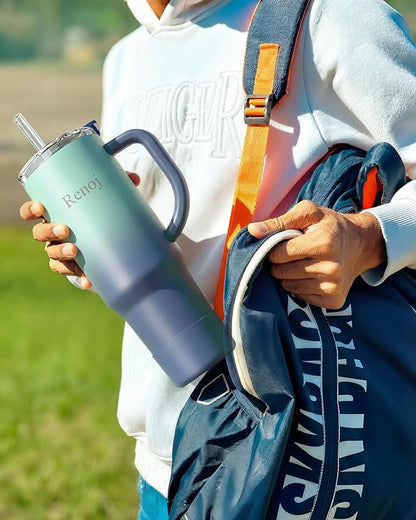 Renoj Tumbler with Handle 100% Leak Proof Insulated Water Bottle for Iced Coffee & Hot Drinks - Fits Car Cup Holder, Ideal Gift, 2 Straws & Silicone Boot BPA-Free - SnapShift Blue Gradient 32 oz