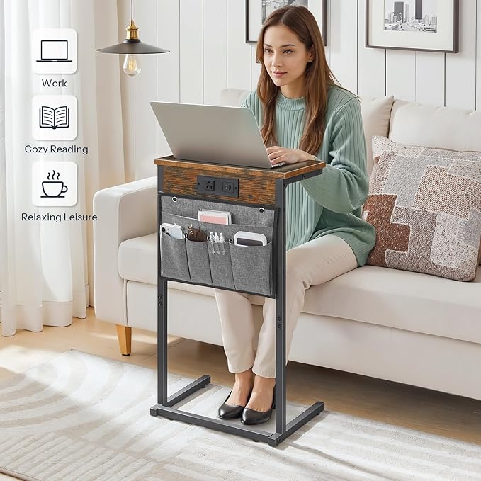 HOOBRO C Shaped End Table with Charging Station, 28" H Couch Side Table Slide Under, Sofa Arm Tray Table with Storage Bag for Living Room, Recliner, Rustic Brown BF70USF01