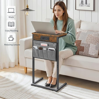 HOOBRO C Shaped End Table with Charging Station, 28" H Couch Side Table Slide Under, Sofa Arm Tray Table with Storage Bag for Living Room, Recliner, Rustic Brown BF70USF01