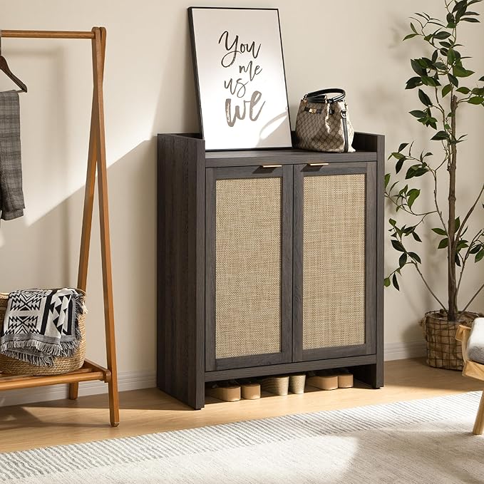 SICOTAS Shoe Cabinet Set of 2, Large Capacity Shoe Storage Organizer Cabinet, Tall Rattan Shoe Cabinet with Doors and Shelves, 6-Tier Farmhouse Boho Wooden Storage Cabinet for Entryway, Black Oak