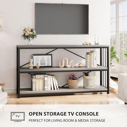 LVB Farmhouse Industrial Console Table, Wood Metal Foyer Entryway Sofa Tables with Storage, 3 Tier Long Rustic Entry Table TV Stand with Shelves for Home Living Room Hallway, Light Grey Oak, 55 Inch