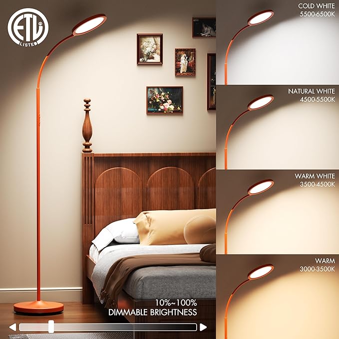 luckystyle Orange Floor Lamp,Super Bright Dimmable LED Lamps for Living Room, Custom Color Temperature Standing Lamp with Remote Push Button, Adjustable Gooseneck Reading Floor Lamp for Bedroom Office