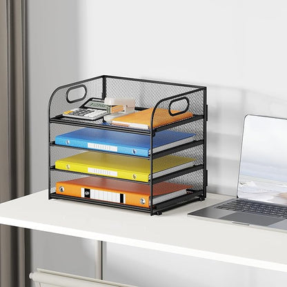 Lavatino Paper Organizer for Desk, 4-Tier Desk Organizer Tray, Mesh Desktop File Organizers with Handle, Office Classroom Organization and Storage-Black
