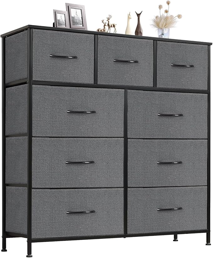 Sweetcrispy 9 Drawer Fabric Dresser Tall Chest Storage Organizer Tower with Cabinet Metal Frame and Wood Top Lightweight Closet Furniture for Bedroom, Charcoal Grey
