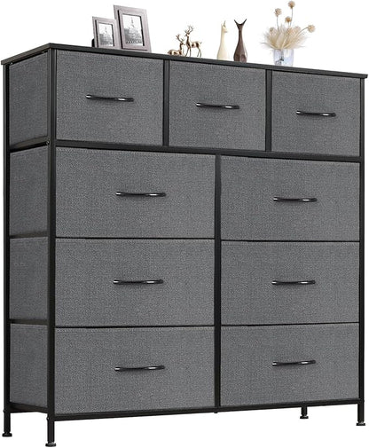 Sweetcrispy 9 Drawer Fabric Dresser Tall Chest Storage Organizer Tower with Cabinet Metal Frame and Wood Top Lightweight Closet Furniture for Bedroom, Charcoal Grey