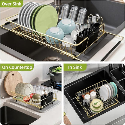 Golden Expandable Dish Drying Rack-Extra Large Stainless Steel Dish Drainer Over The Sink for Kitchen Countertop with Utensil Holder, Applicable for Sink Width 16'-22' (Gold,23.2'*12.2')
