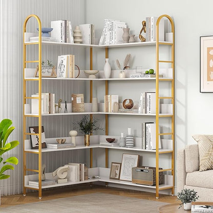 Nosepen Corner Bookshelf, 5 Tiers Tall Open Corner Etagere Bookcase Storage Organize, L-Shaped Large Corner Bookshelves, Corner Shelf Storage Display Rack with Metal Frame for Living Room Home Office