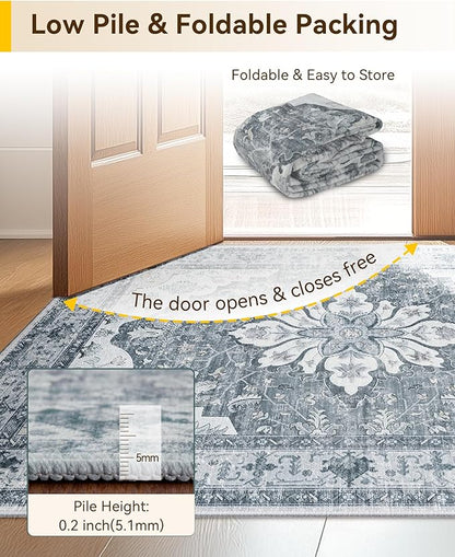 RELEANY Area Rugs 7'x9' Washable Non-Slip, Floral Vintage Distress Medallion Carpet for Living Room Bedroom Dining Room, Light Gray Grey White