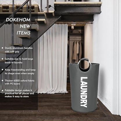 DOKEHOM 90L Large Laundry Basket, Collapsible Laundry Bag, Freestanding Tall Clothes Hamper, Foldable Washing Bin (Dark Grey)