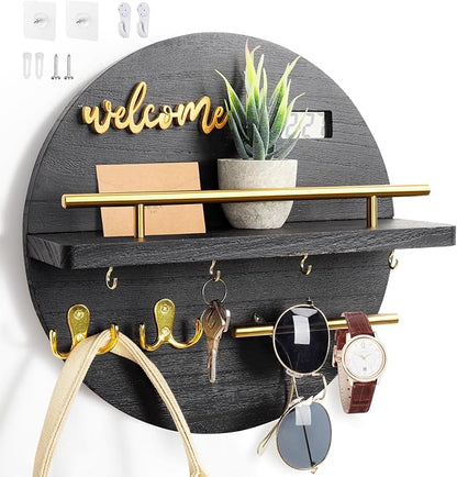 Key Holder for Wall, Key and Mail Holder Organizer with - Key Holder Wall Mount - Round Wooden Rustic Home Decor for Entryway, Mudroom, Hallway, Kitchen Office (Black)