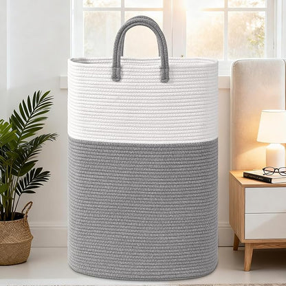 Woven Laundry Basket for Clothes, 65L Large Rectangle Laundry Hampers with Beads Tassel, Nursery Storage Basket for Toys, Tall Dirty Clothes Hamper for Bedroom Aesthetic, Laundry Room Organization