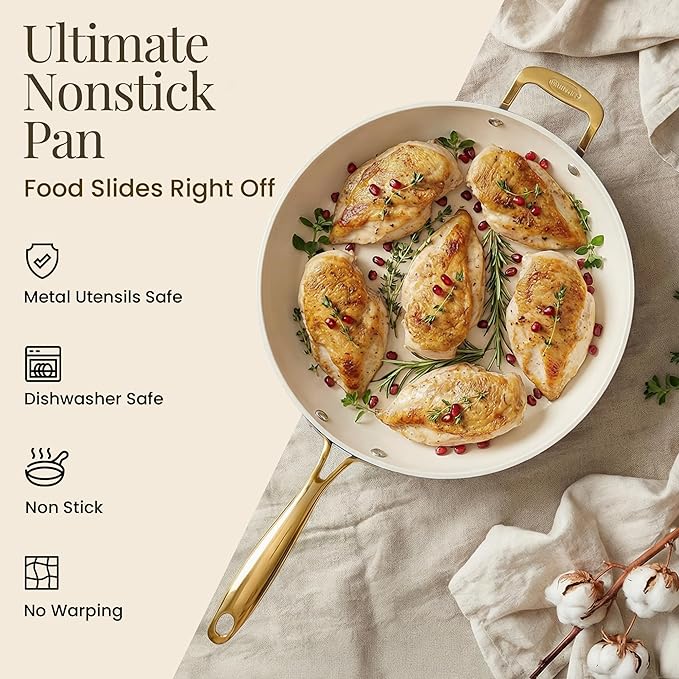 GOTHAM STEEL 14 Inch Frying Pan with Lid, Ceramic Nonstick Skillet, Non Toxic PFOA PFOS Free, Extra Large for Family, Dishwasher & Oven Safe 500°F, Cream