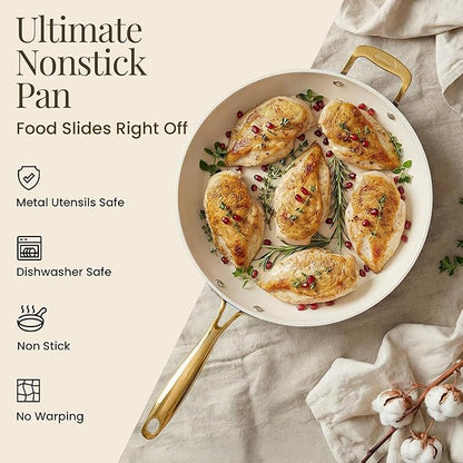 GOTHAM STEEL 14 Inch Frying Pan with Lid, Ceramic Nonstick Skillet, Non Toxic PFOA PFOS Free, Extra Large for Family, Dishwasher & Oven Safe 500°F, Cream